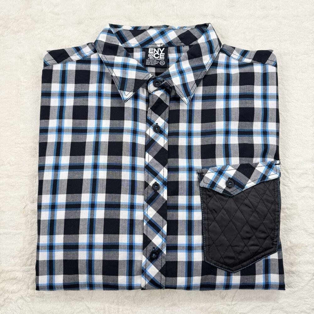 Enyce Men’s Black and Blue Plaid Button-Down Shirt Elbow Patch Size 2XL